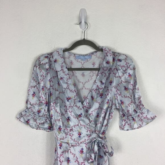 Hill House 100% Silk Nima Wrap Mini Dress Small Blue Floral Cabernet Trellis - Picture 4 of 13